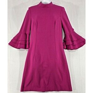 Trina Turk Womens Dylan Sheath Dress Ruffled Bell Sleeve Mock Neck Pink Coquette